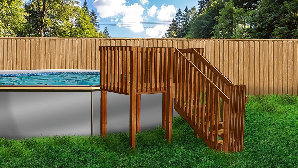 A wooden deck with stairs leading to the pool.