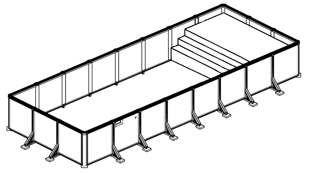 A drawing of an enclosure with stairs and railing.