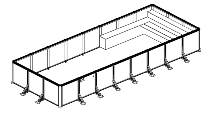 A drawing of an enclosure with two benches.