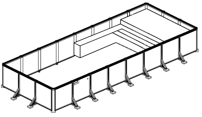 A drawing of an enclosure with two benches.