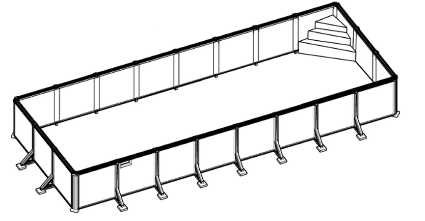 A drawing of a long bench with steps on the side.