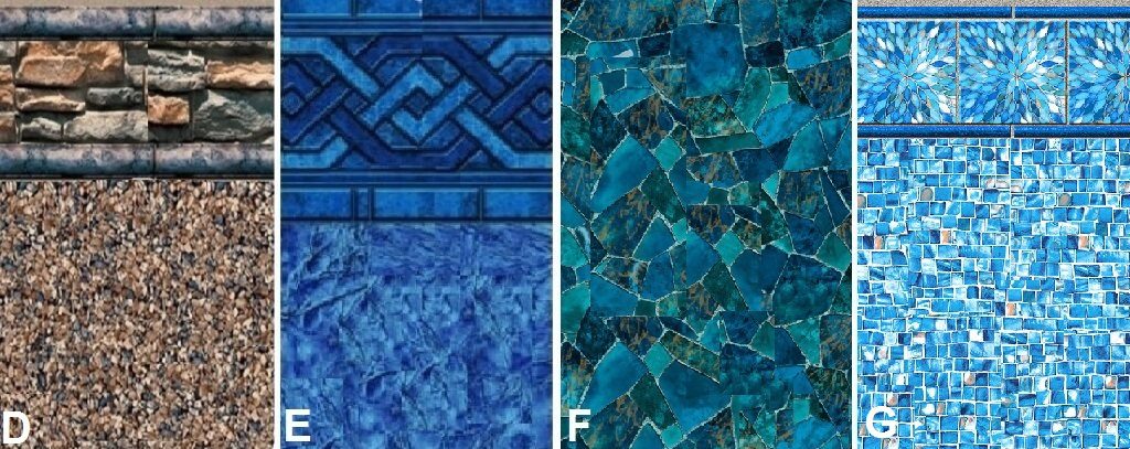 A blue pool with different colors of tiles