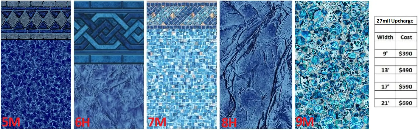 Blue patterned pool liner samples and pricing.
